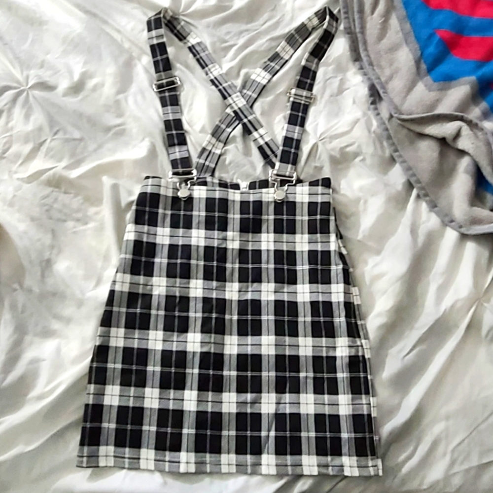 Plaid Skirt with Suspenders
